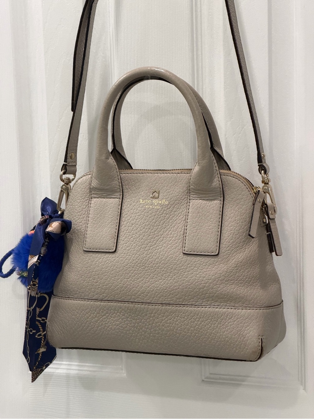 kate spade Taupe Pebbled Leather Dome Satchel with Top Handles& bag charm